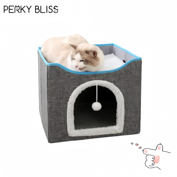 Big Cat Cave Cozy Cat Nest Bed Double Layer Hideaway Condo with Scratch Pad Foldable Cube Design for Indoor Cats Pet Cave House