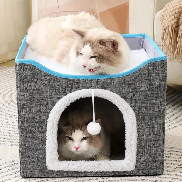 Big Cat Cave Cozy Cat Nest Bed Double Layer Hideaway Condo with Scratch Pad Foldable Cube Design for Indoor Cats Pet Cave House - Image 2