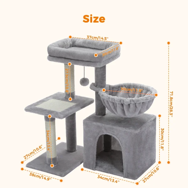 Cat tree Cat Tower for Indoor Cats 2 Styles Cat Activity Tree with Cat Scratching Posts Big Hammock and Removable Top Perch Grey - Image 5