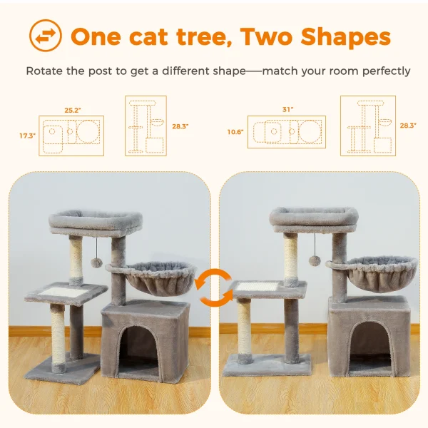 Cat tree Cat Tower for Indoor Cats 2 Styles Cat Activity Tree with Cat Scratching Posts Big Hammock and Removable Top Perch Grey - Image 3