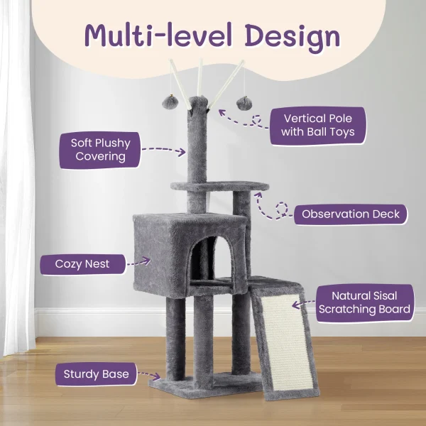 49 inch Cat Tree Cat Tower for Indoor Cats, Cat House with Padded Platform Bed, Toy Balls, Large Cozy Condo and Scratch Board, D - Image 3