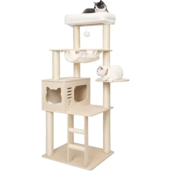 61 Inches Modern Cat Tree, Super Stable Wobble Free Wooden Cats Tower
