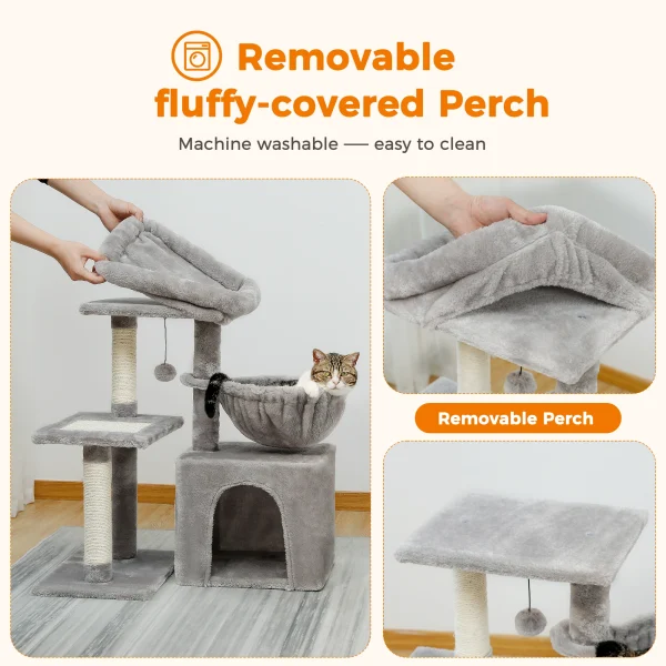 Cat tree Cat Tower for Indoor Cats 2 Styles Cat Activity Tree with Cat Scratching Posts Big Hammock and Removable Top Perch Grey - Image 4