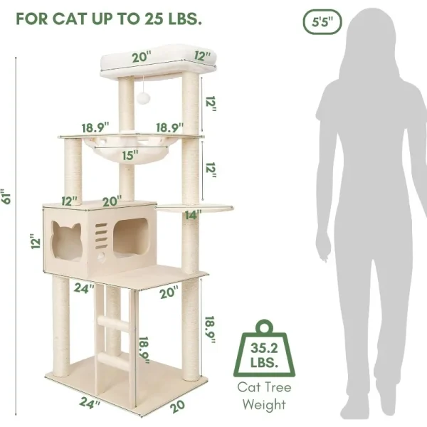 61 Inches Modern Cat Tree, Super Stable Wobble Free Wooden Cats Tower - Image 6