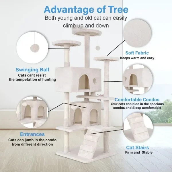 Cat Tree 54in Multi-Level Durable Cat Scratching Post & Cozy Fun Jumping Platform Space Saving Condo Pet Play House for Indoor - Image 5